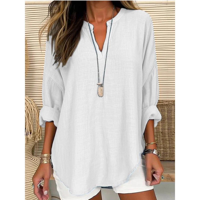 Women's V-Neck Long Sleeve Loose Fit Breathable Linen Top