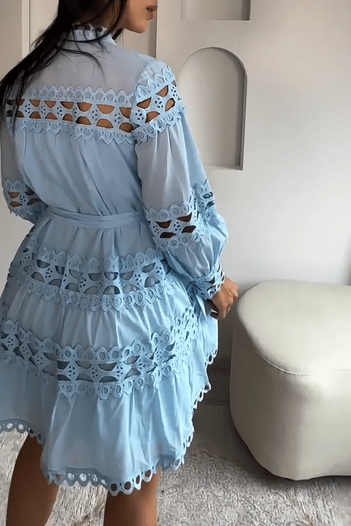 Women's Fashion Solid Color Single Breasted Lace Splicing Dress