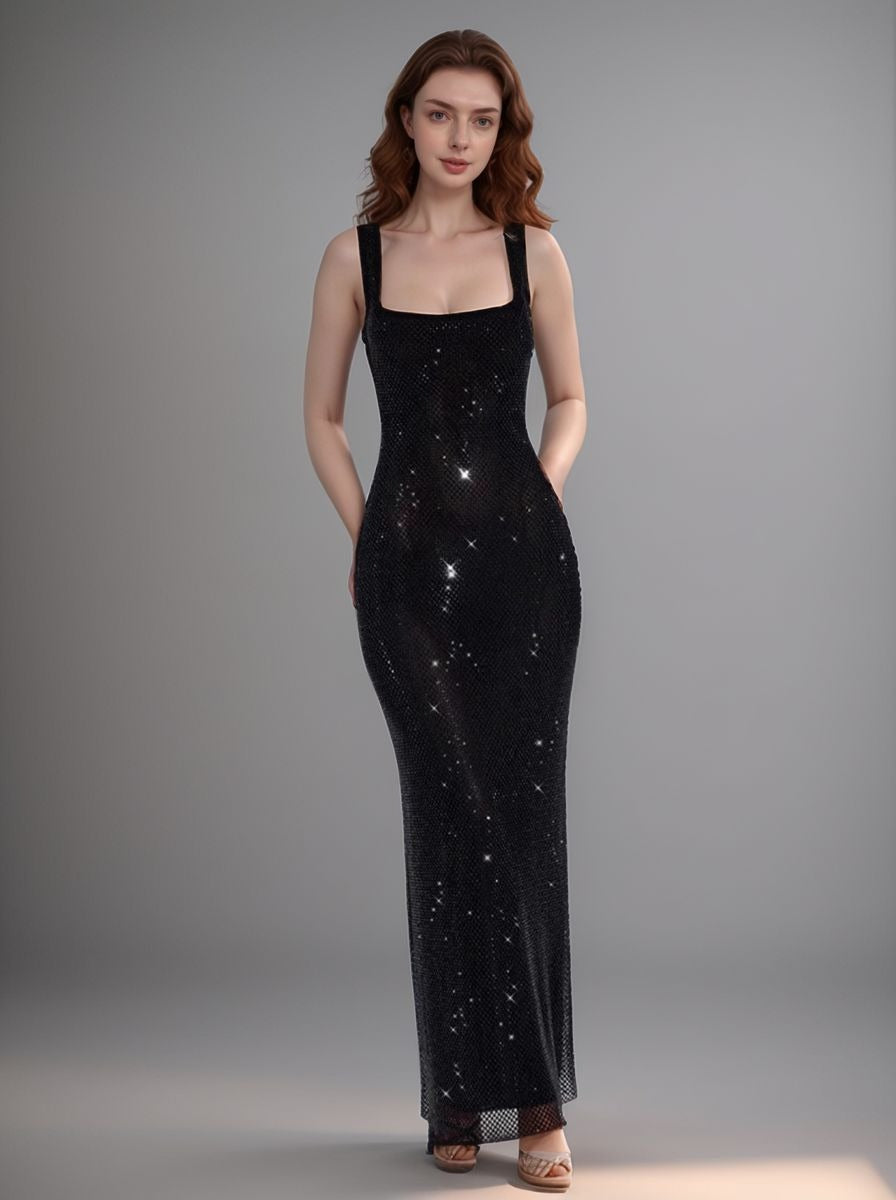 Sequined Square Neck Slim Fit Dress