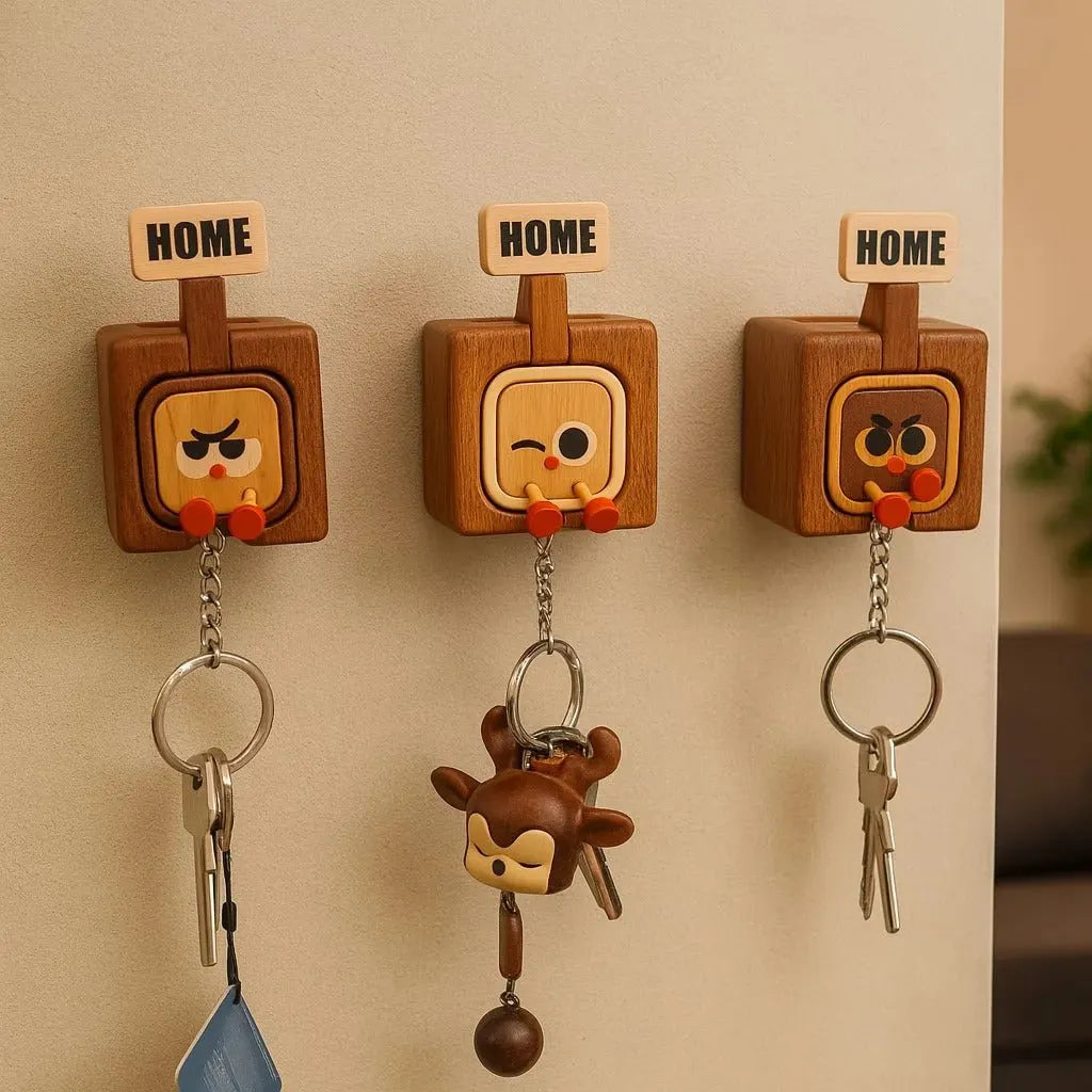 🎉 🔥Hot Selling:Creative Wooden Key Hooks with Funny Facial Expressions - Functional & Stylish Key