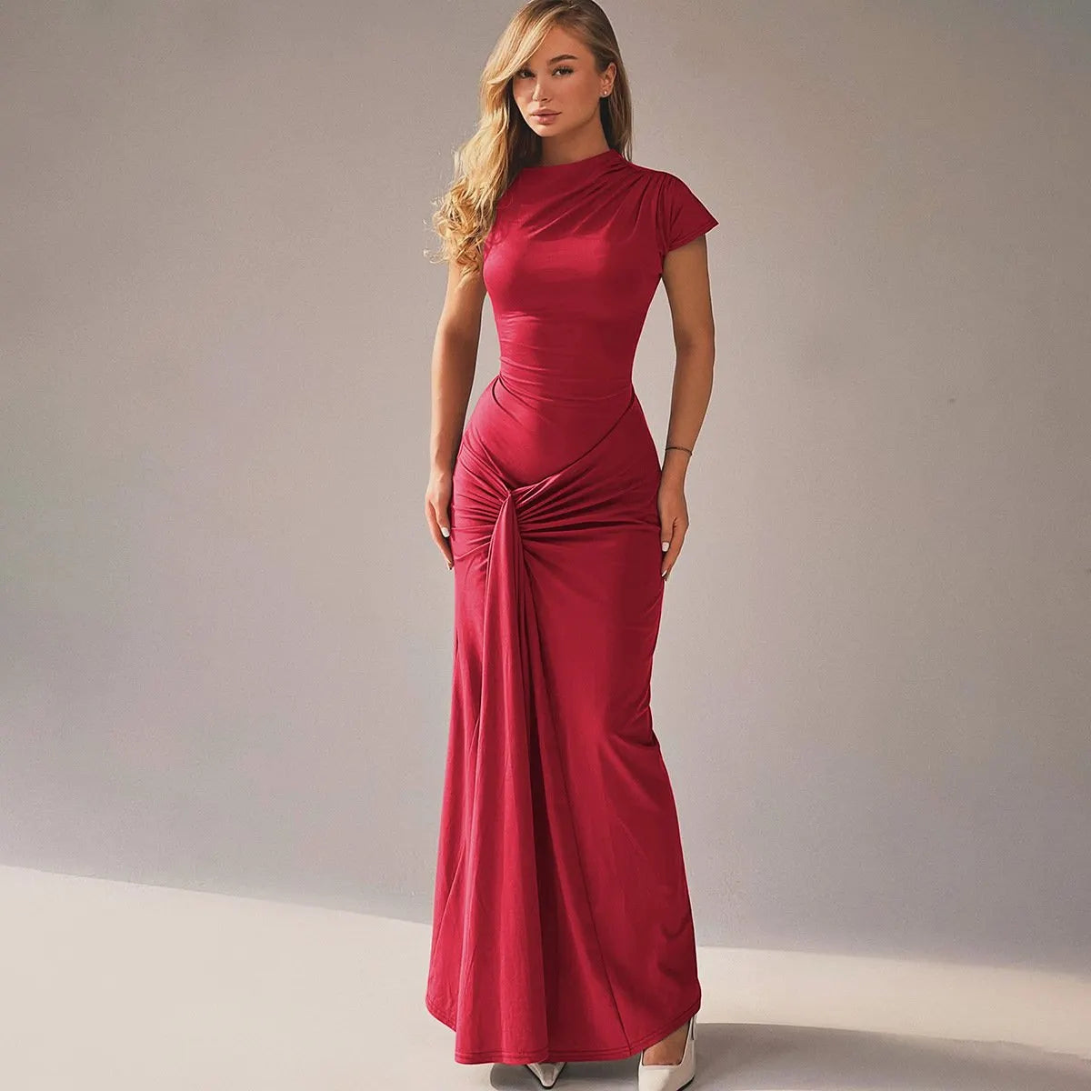 Slim-Fit Pleated Tie Waist Short Sleeve Dress