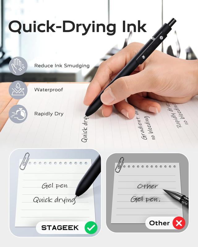 🎉🔥Black Gel Pens, 6Pcs 0.5mm Gel Pens Fine Point, Quick Dry Retractable Gel Pen Set, Smooth Writing Pens for Office Work, Note Taking, Black Ink Pens for Men Women(Black)