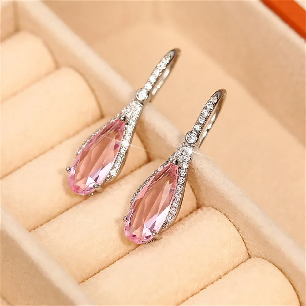 Pear Shaped Pink Crystal Drop Earrings