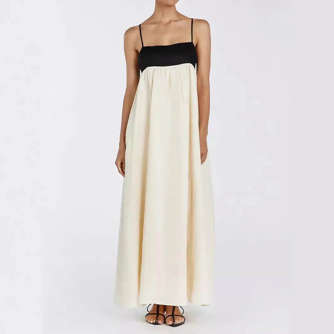 Contrast color suspender maxi dress