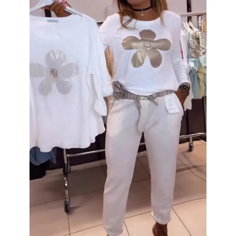 💖Women's Flower Print Crew Neck Top