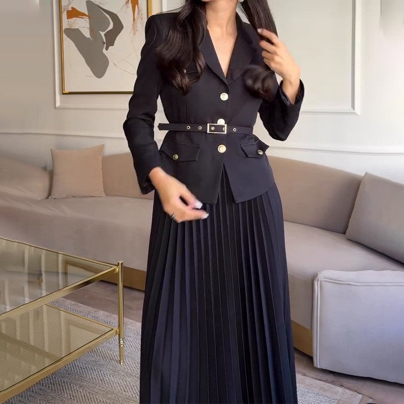🔥Hot sale🔥Women's Blazer with Lapels and Maxi Pleated Skirt, 2-Piece Set with Matching Belt(🚛Free shipping)