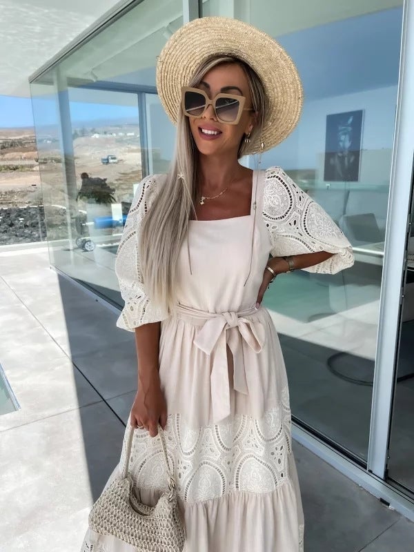 🌷Women’s Trendy Patchwork Tie Waist Square Neck Long Dress