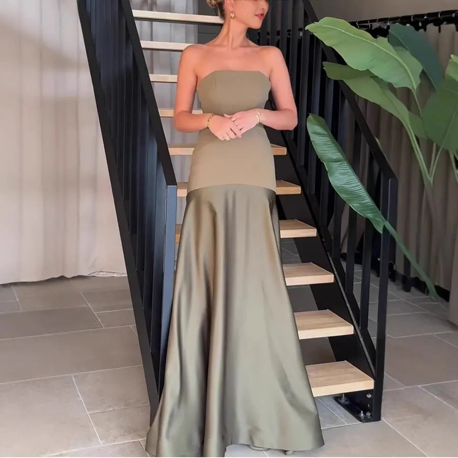 Timeless Elegance Satin Patchwork Strapless Flare Gown Maxi Dress