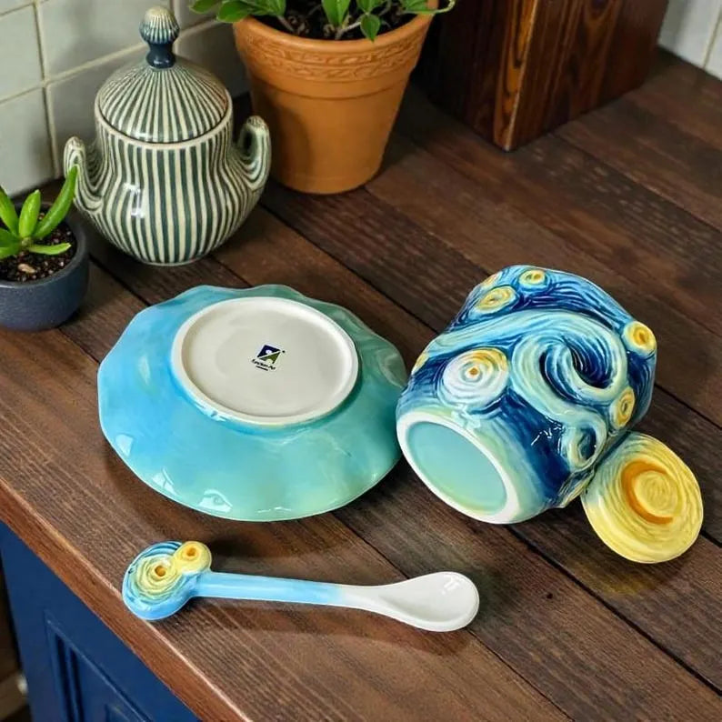 1 Set of Hand Painted Ceramic Cups & Saucers | 3D Starry Sky, Apricot Flower, Sunflower, Iris Tea | Coffee Mug | Round Plate and Spoon