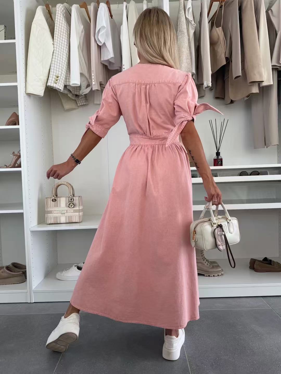 Women's V-Neck Button Down Denim Dress
