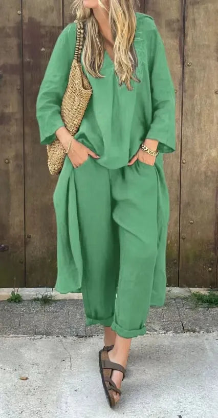 Solid High Low Hem Top & Pants Two-Piece Set