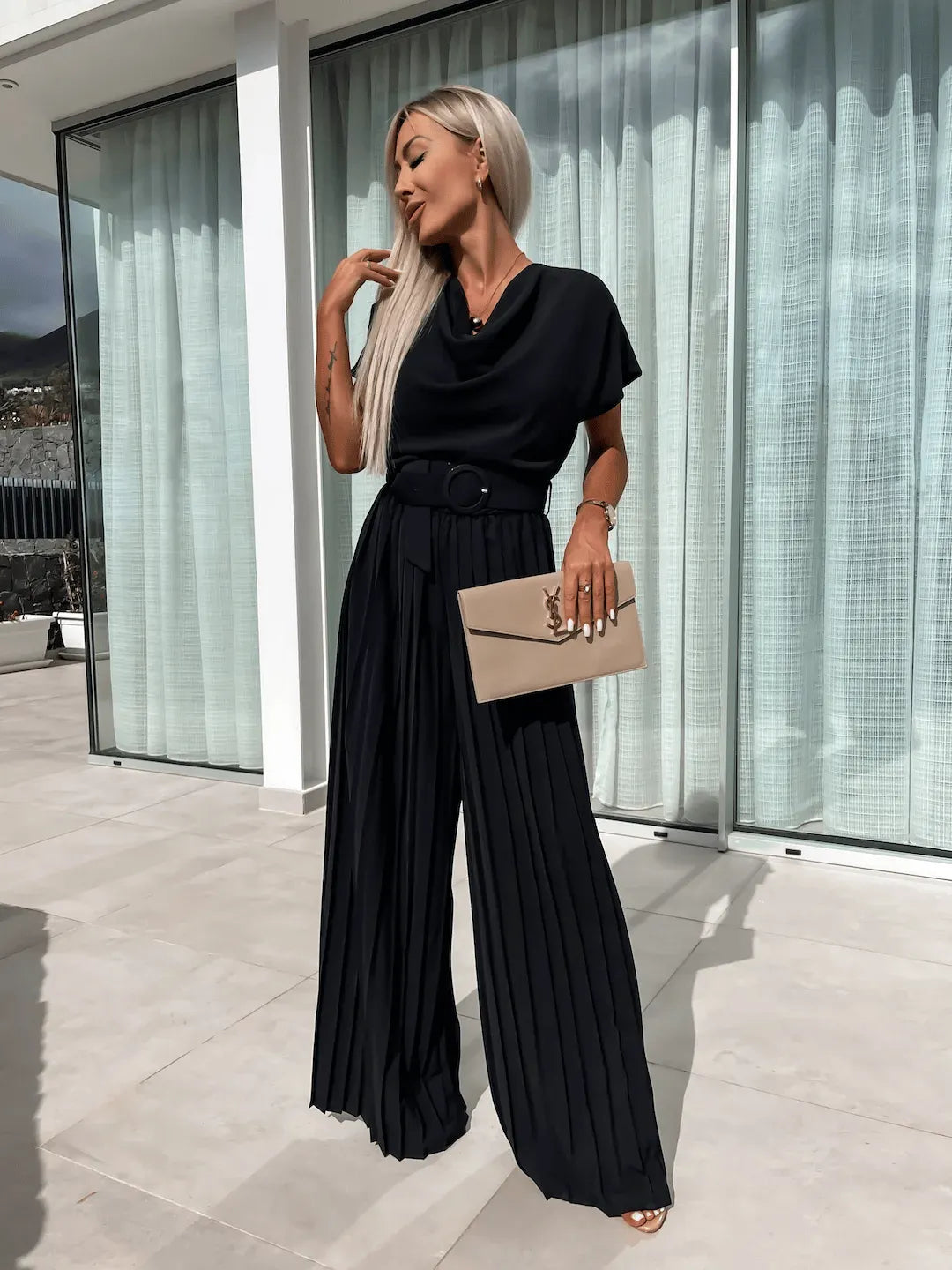 Casual Waistband Solid Color Pleated Wide Leg Jumpsuit