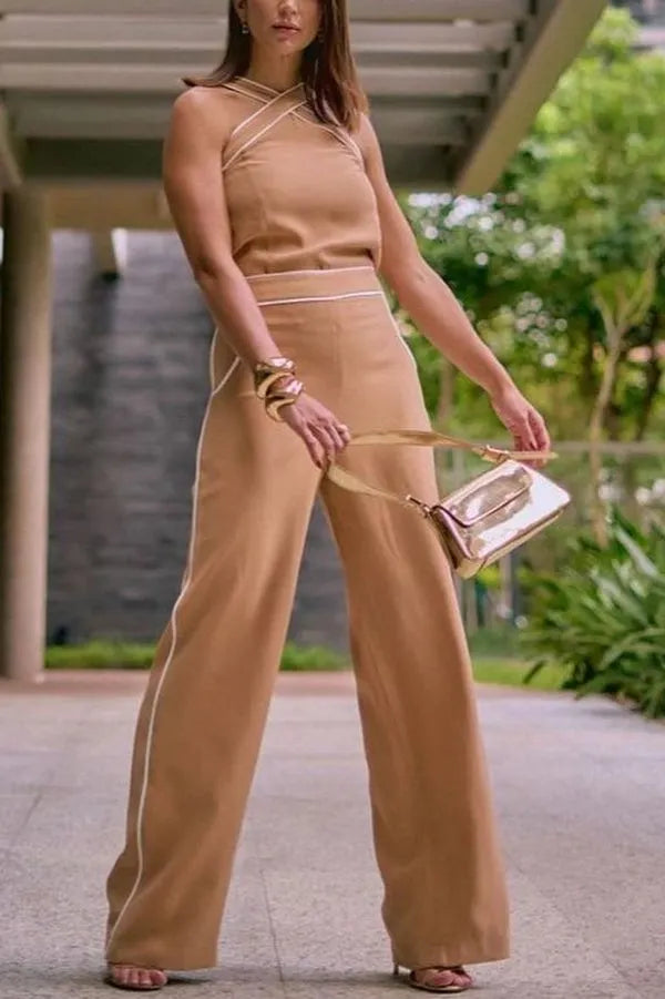 Crossover Slim Fit Halterneck High Waisted Pocket Jumpsuit Set