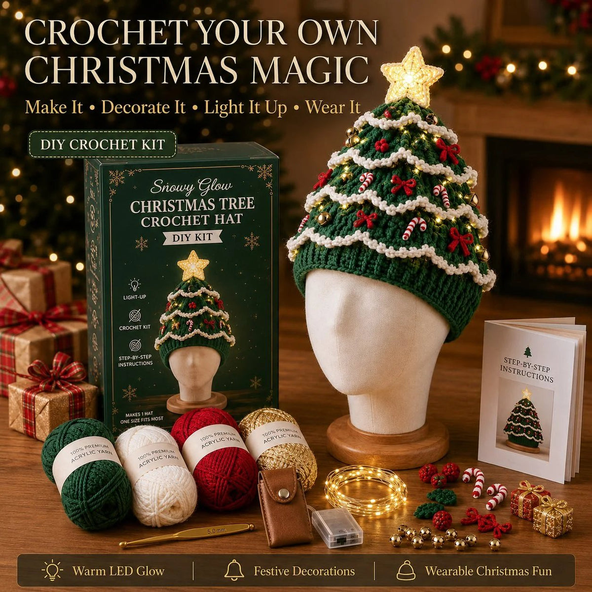 🎉🎄Beginner-Friendly Light-Up Christmas Tree Crochet Hat DIY Kit | Complete Kit with Coordinated Yarn, LED Lights & Step-by-Step Guide Included 💕