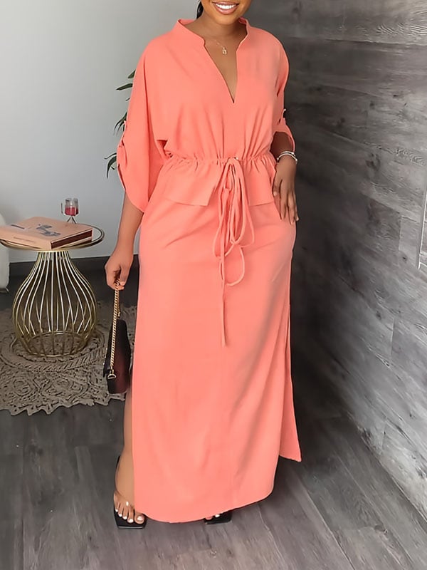 Solid Drawstring Slit Dress