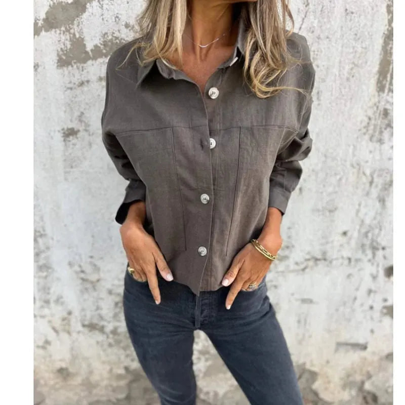 (BUY 2 FREE SHIPPING) Women's Cotton-Linen Double-Pocket Blazer-Style Lapel Shirt