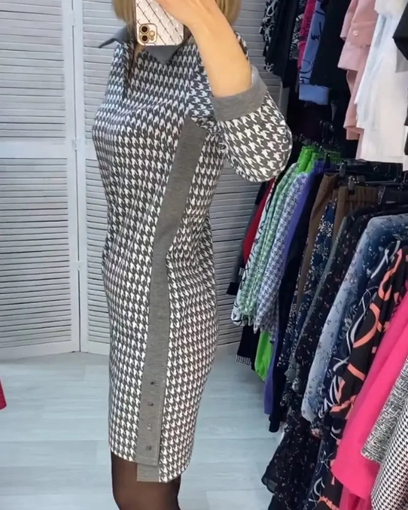 Lapel Pocket Checked Long Sleeve Dress