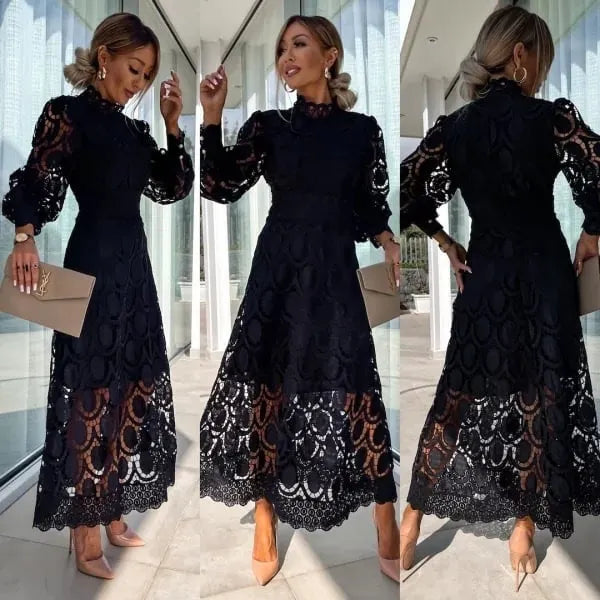 Romantic, Sensual and Elegant Crochet Lace Lantern Sleeve Party Midi Dress