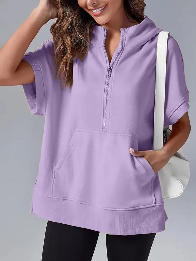 Oversized Casual Half Zip Short Sleeve Pullover Tops with Pockets (Buy 2 Free Shipping)