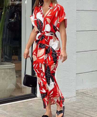 Printed Waist Cinching Shirt Dress
