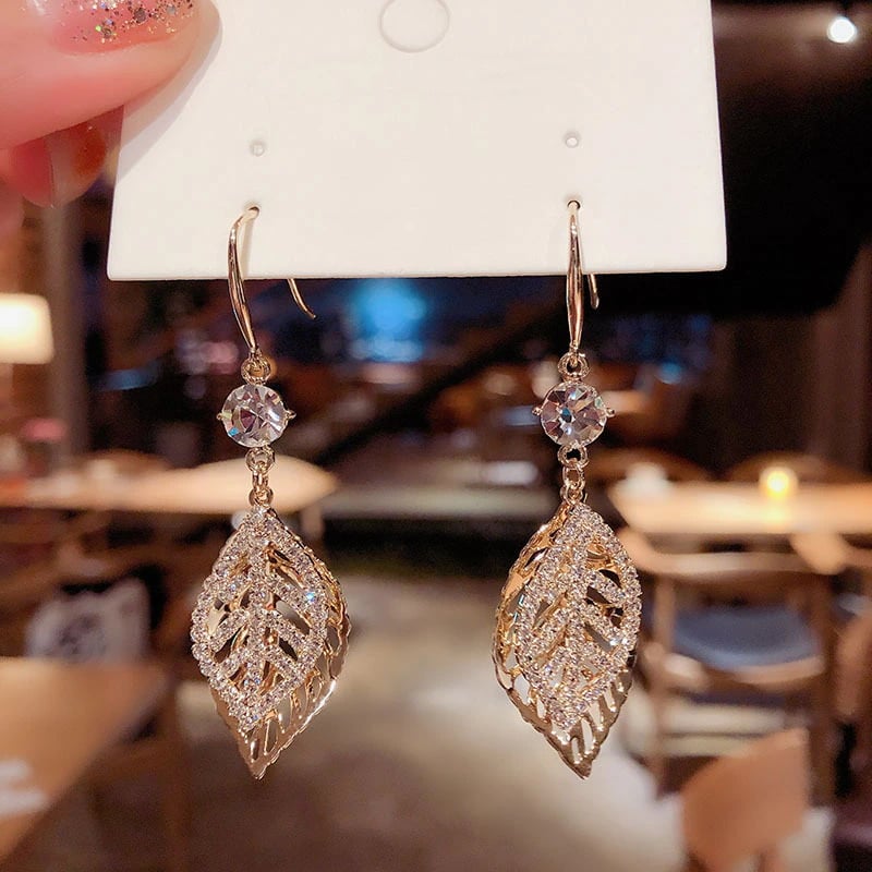 Korean Fashion Crystal Leaf Tassel Drop Earrings