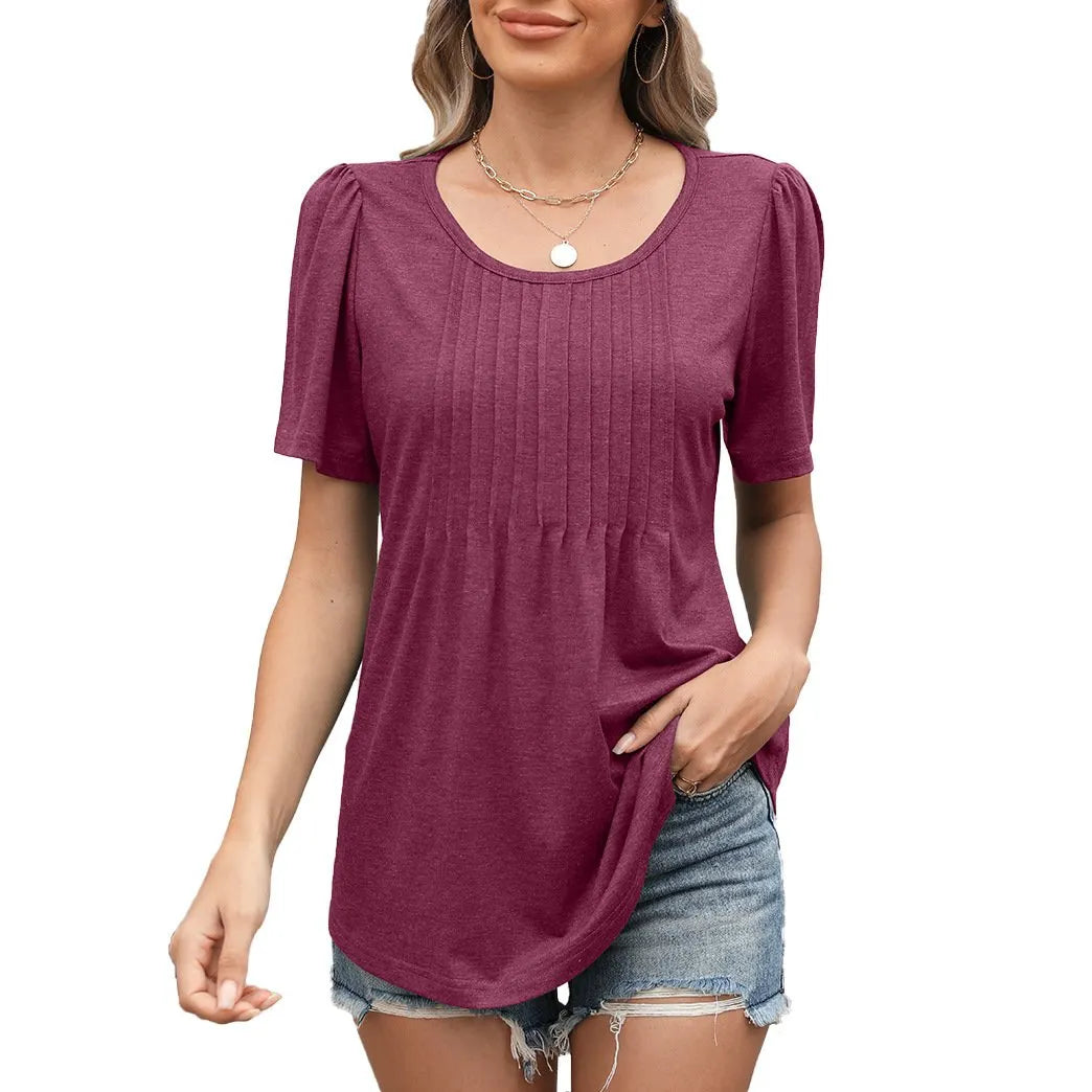 Summer Loose Pleated Round Neck Short Sleeve T-Shirt