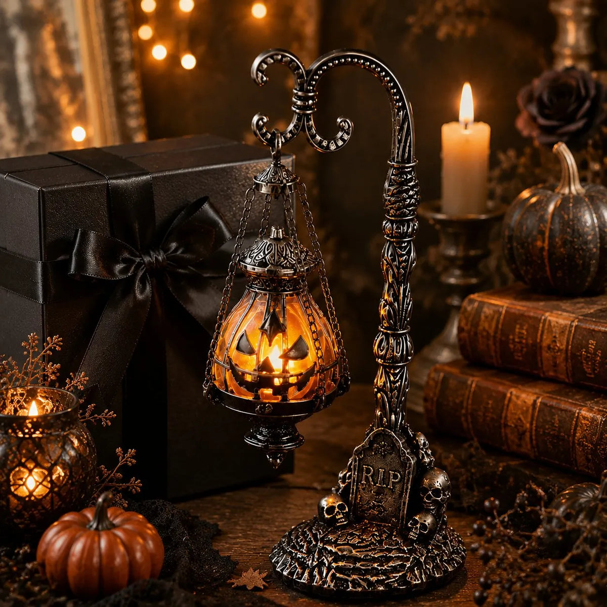 🔥HOT SALE🔥🎃 Gothic Pumpkin Lantern Stand | Warm Orange LED Glow, Victorian Skull Details & Haunted Shelf Decor 🕯️