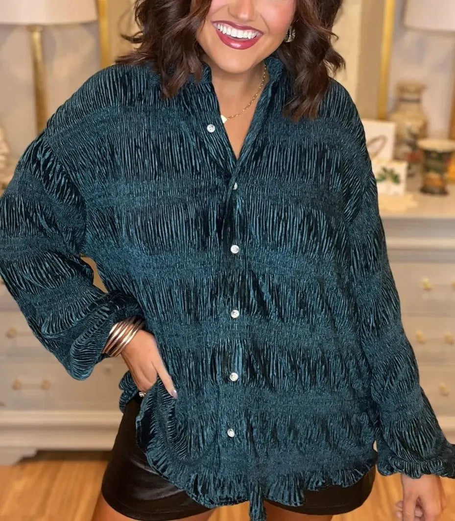 NEW WOMEN'S SHIRRED VELVET BUTTON DOWN TOP (BUY 2 FREE SHIPPING)