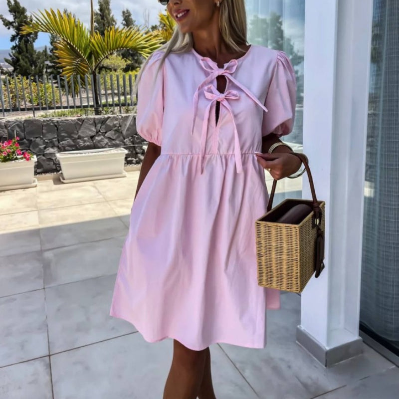 💕What should I wear tomorrow?💕Women’s Trendy Solid Color Bow Tie Front Puff Sleeve Dress