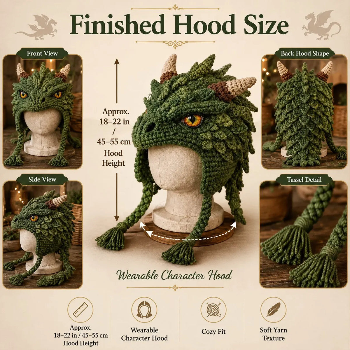 🔥HOT SALE🔥🐉✨ Fantasy Hood Hat DIY Crochet Kit | Premium Soft Yarn Materials with Step-by-Step Guide DIY Handmade Wearable Character Hood 🧶🎭✨