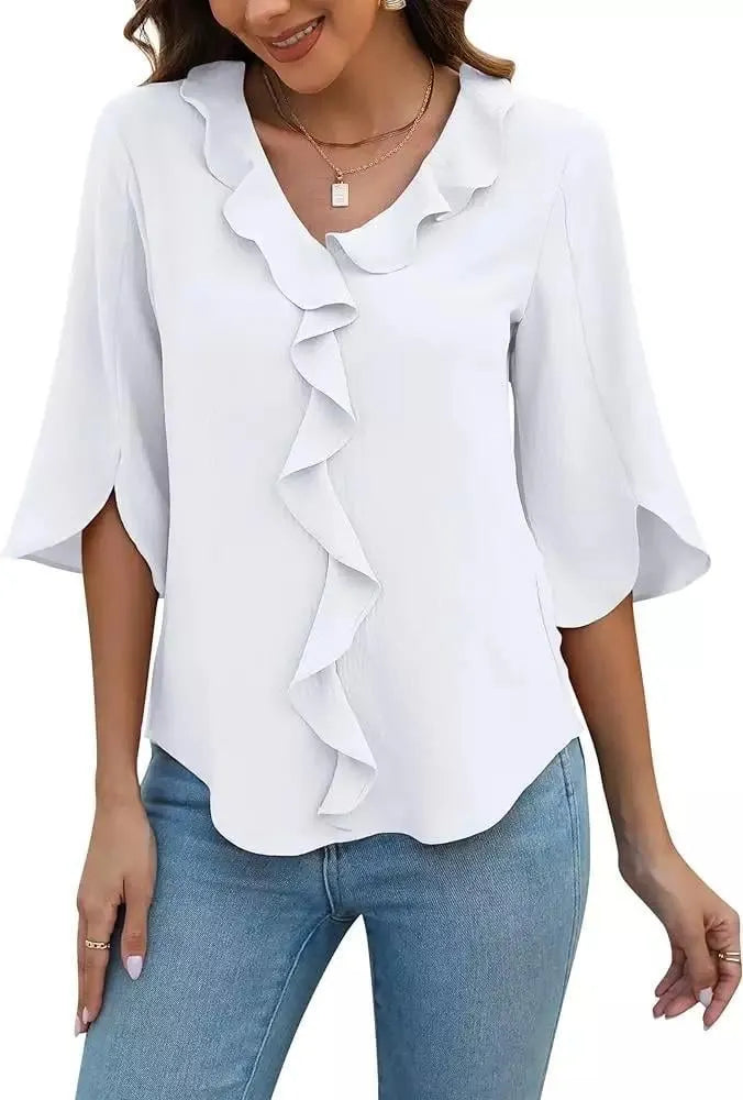 Women's V-Neck 3/4 Ruffle Sleeve Tops