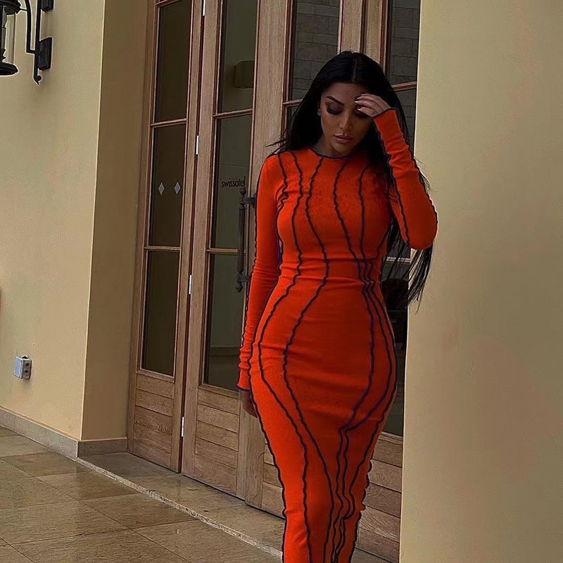 Autumn and Winter Sunken Stripe round Edge Dress Women's Clothing