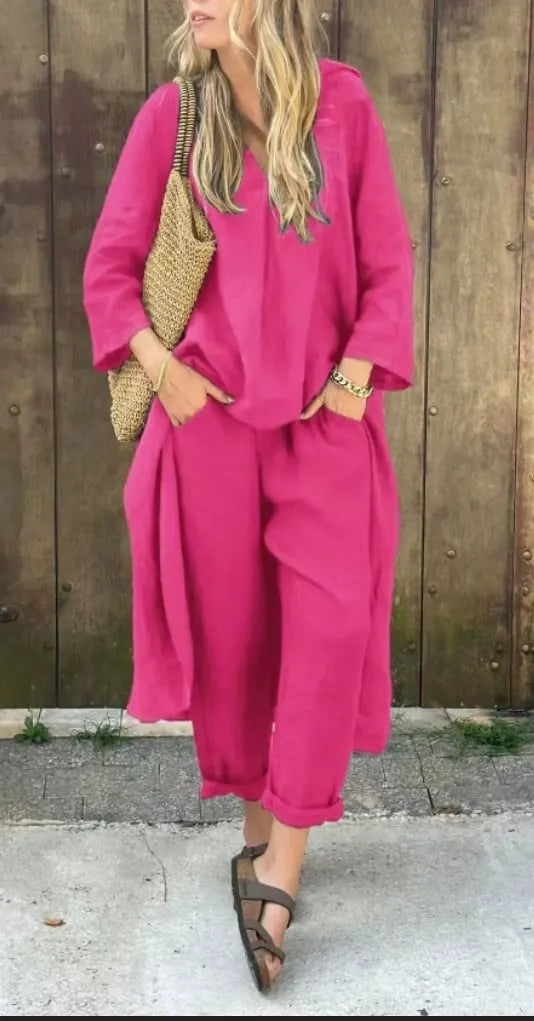 Women’s Summer Loose 2-Piece Set with V-Neck and Pockets