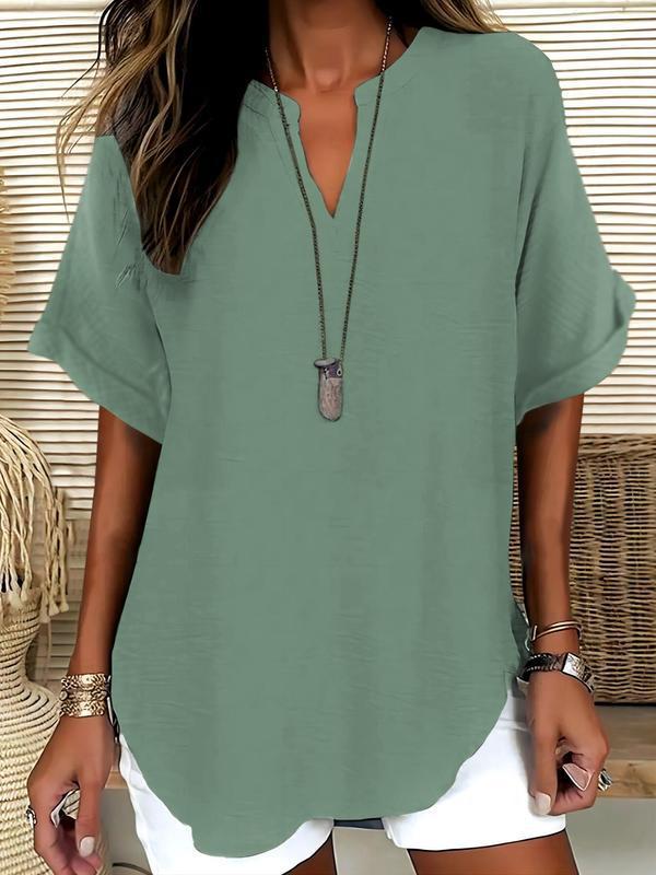 🔥Women's Plain Short Sleeve Blouse, Casual Solid Color Top for Daily Wear, Ladies Clothes for All Seasons
