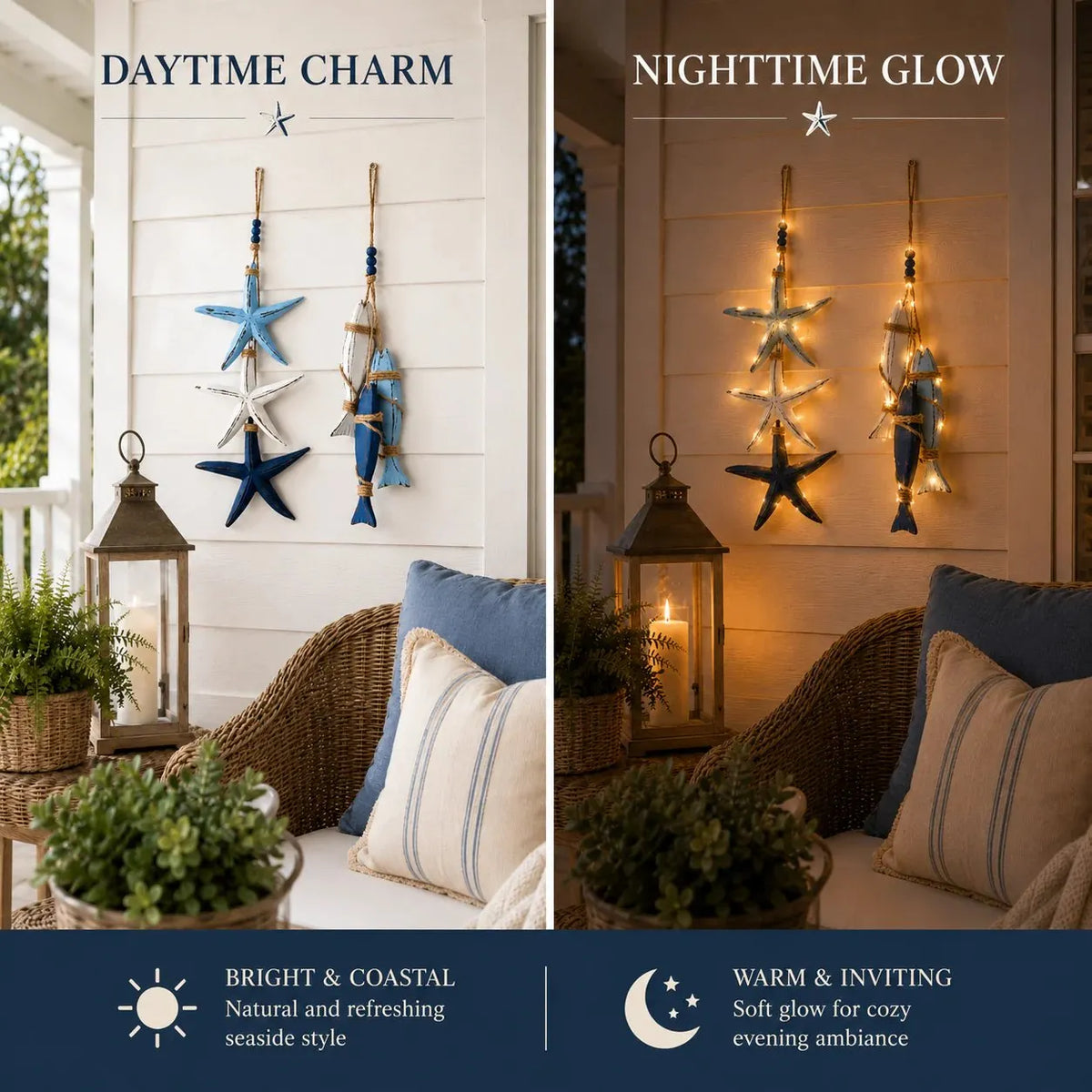 🎉⭐2026 HOT SALE🐟🌊Lighted Coastal Wooden Starfish & Fish Hanging Decor