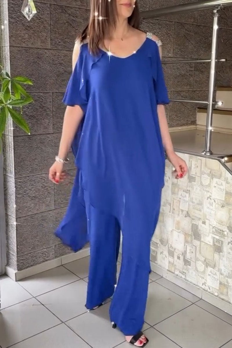 Women's Off-shoulder Chiffon Top and Pants Set