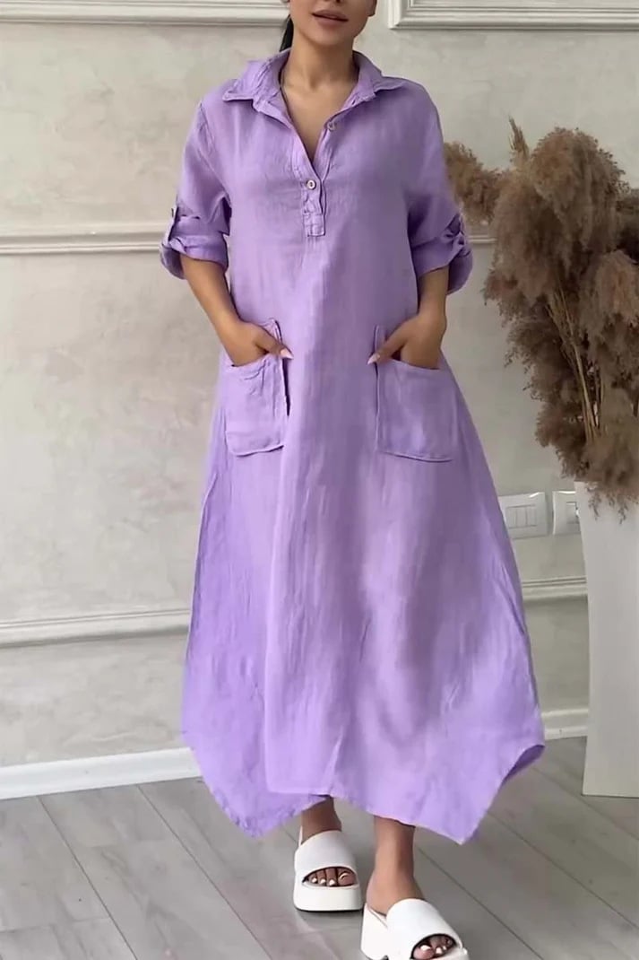 Women's Cotton Linen Casual Lapel Pockets Long Dress (Buy 2 Free Shipping)