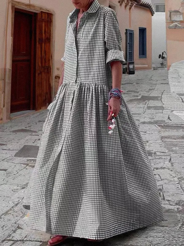 Comfy Oversize Plaid Lapel Collar Long Sleeve Dress