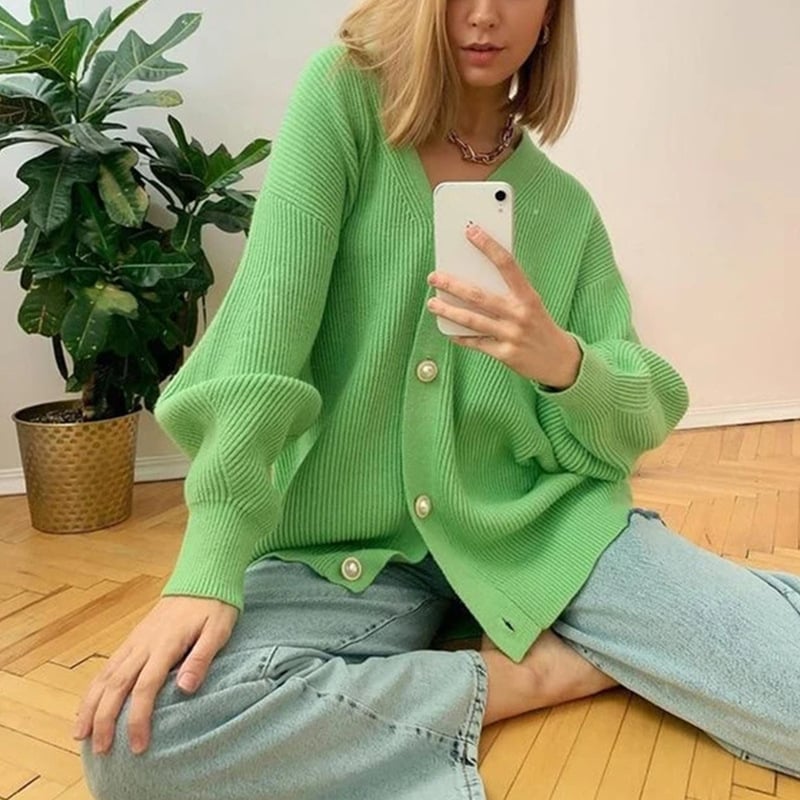 V-neck Loose Knit Button-Up Cardigan (Buy 2 Free Shipping)