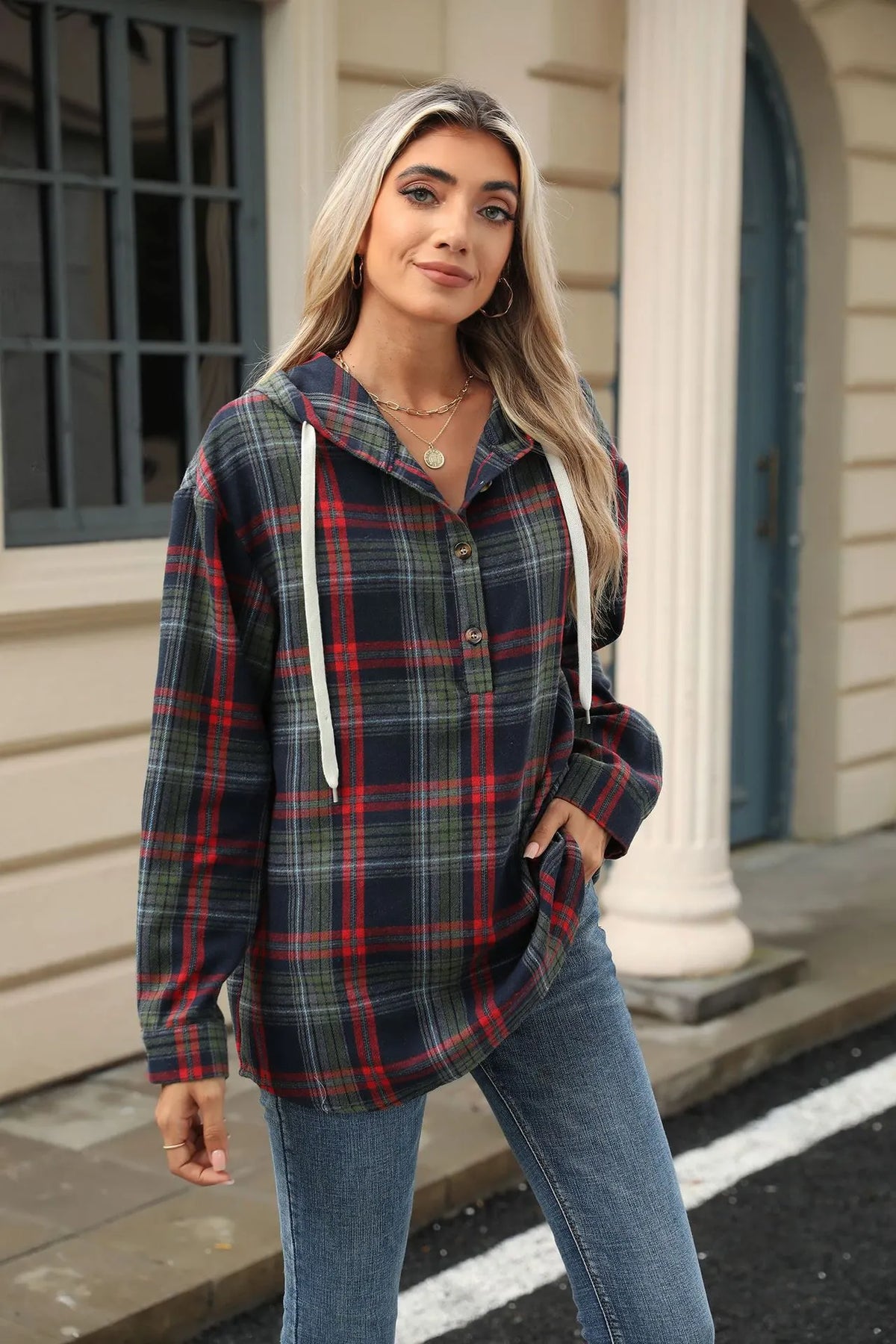 Women Autumn Winter Loose Long Sleeve Hooded Button Plaid Coat