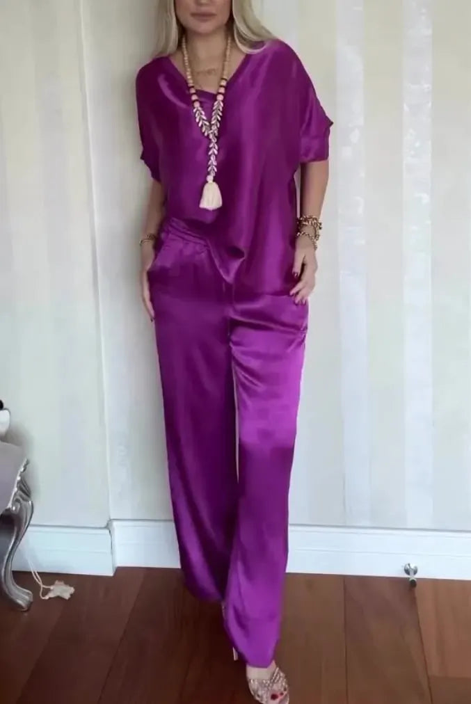 Women's Casual Comfortable V-neck Satin Short-sleeved Two-piece Suit