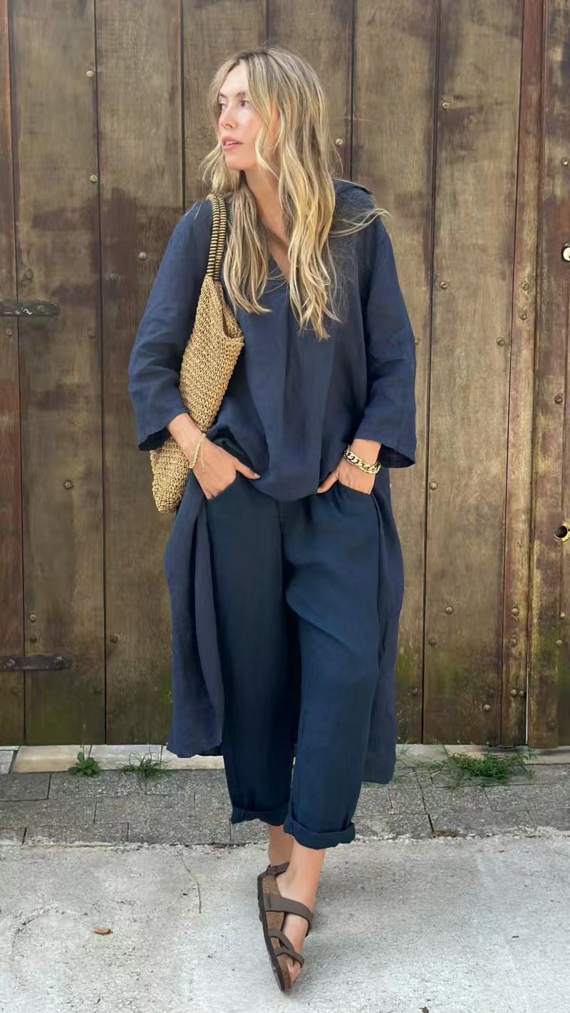 Solid High Low Hem Top & Pants Two-Piece Set