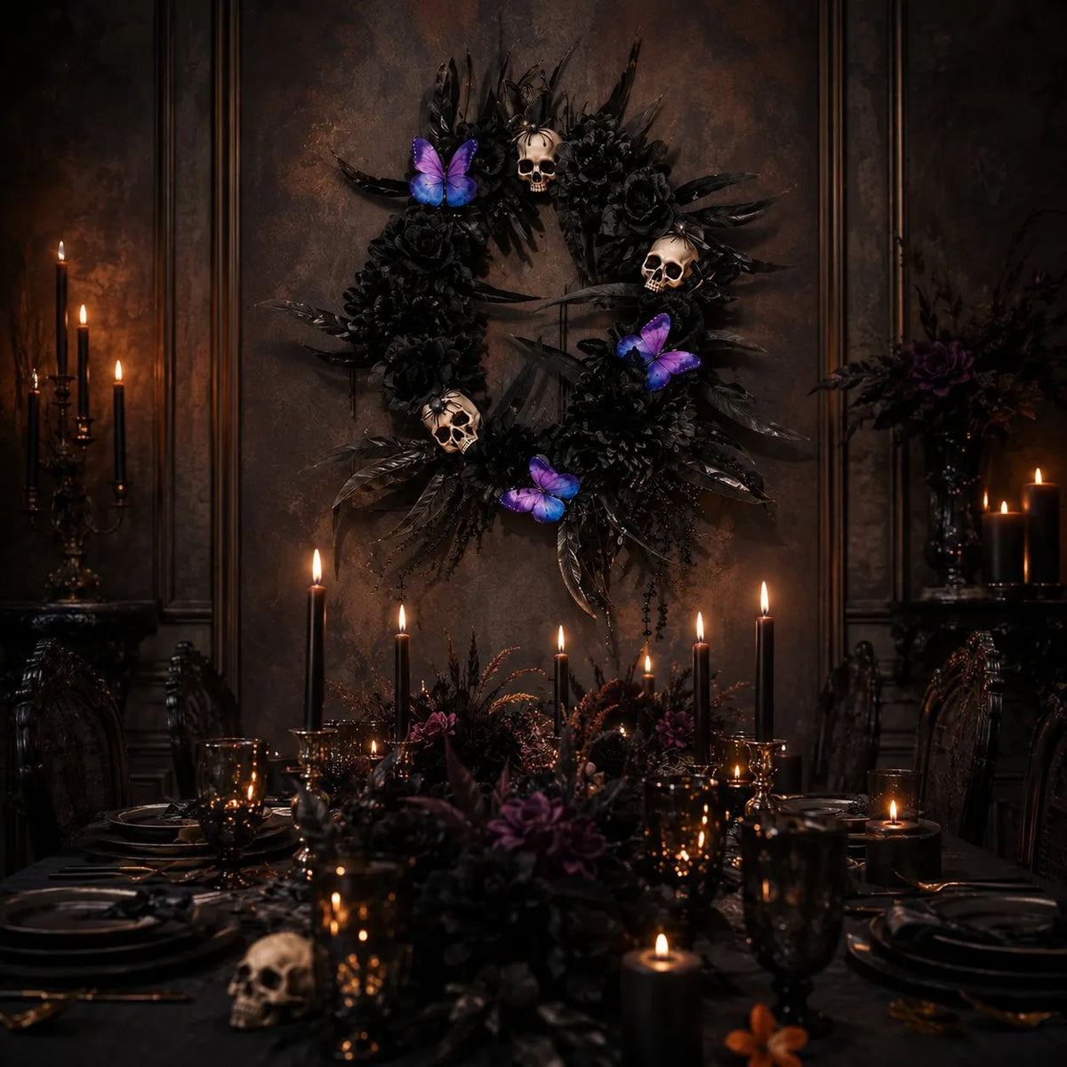 🎉Gothic Wreath with Black Roses & Butterflies, Elegant Decor for Halloween Entryway
