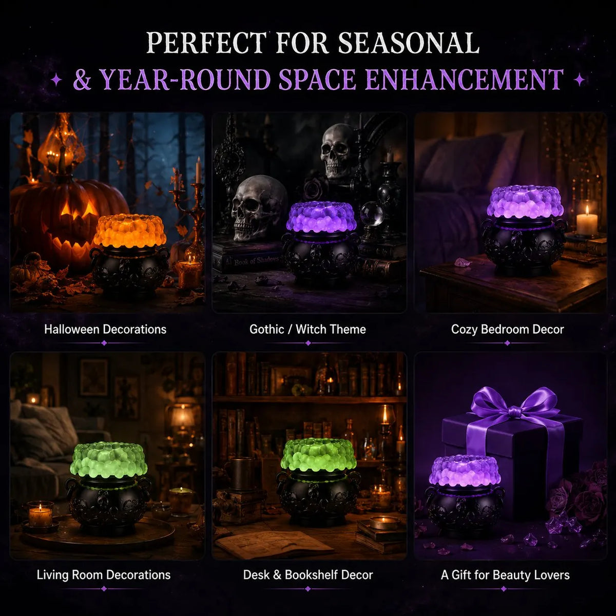 🔥Last Day 49% OFF - 👻✨Light-up Color-changing Cauldron Waterglobe 3-Wick Candle Holder