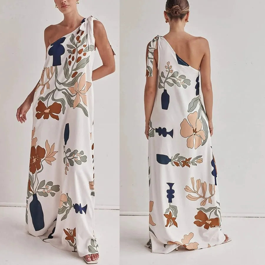 Printed One-Shoulder Maxi Dress