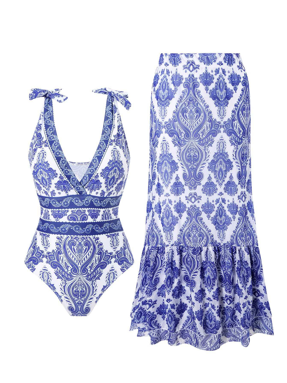 🩱V-neck One-Piece Swimsuit with Lace-up, Print, and Skirt💃