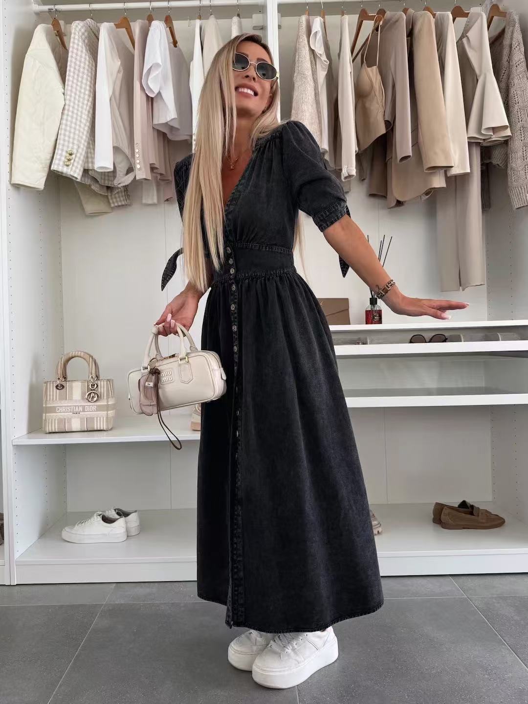 Women's V-Neck Button Down Denim Dress