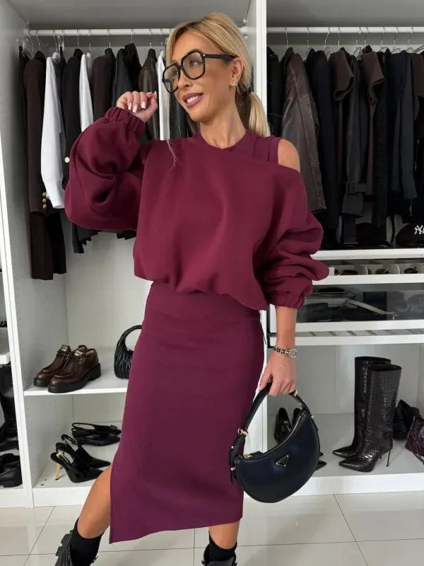 Long-sleeved Off-shoulder Sweatshirt and Vest Skirt Two-piece Set