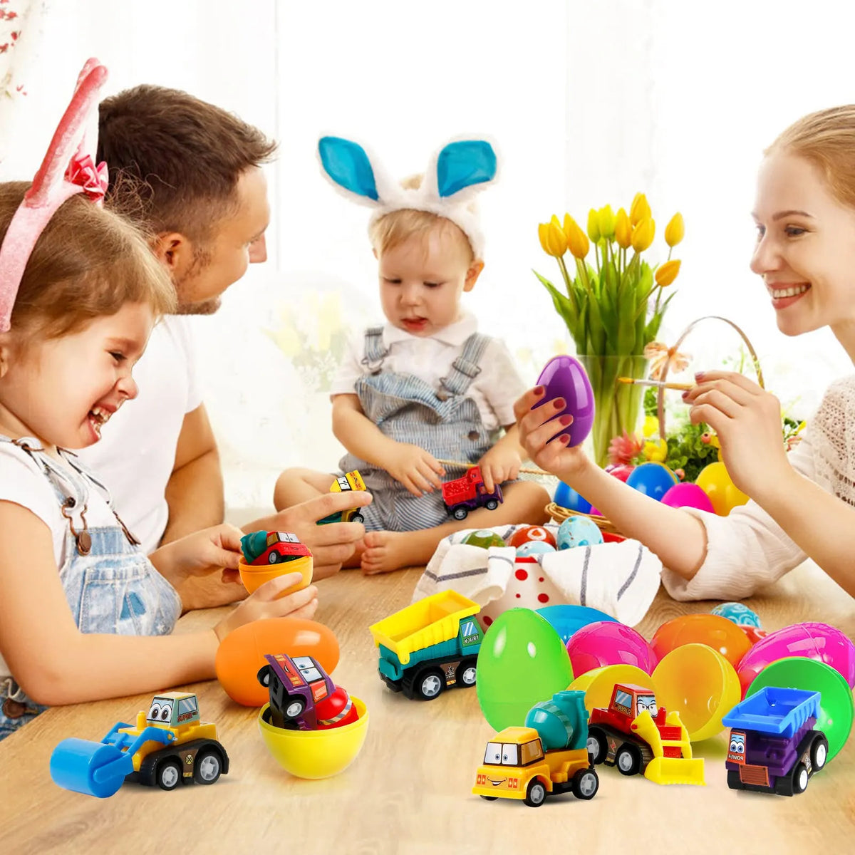 BUY 2 FREE SHIPPING -Easter Eggs Filled With Pull-Back Construction Vehicles, Cute Animals, Dinosaurs, Jewelry pieces and Bunnies