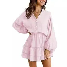 Chic Tiered Ruffle Mini Dress with V-Neck & Balloon Sleeves  🍂👗